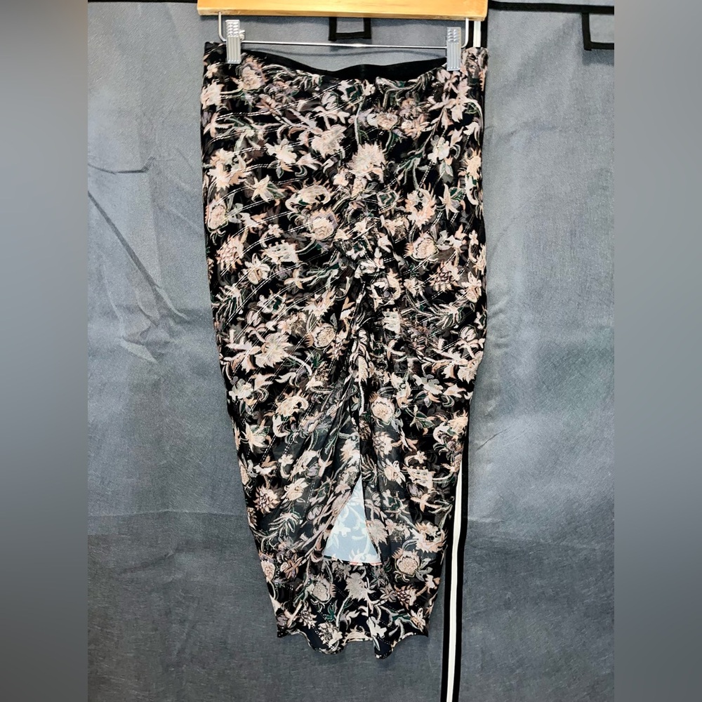 Veronica Beard Ruched Ruffle Skirt Black and Pink Metallic Floral Print Chiffon…